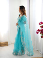 Prazu Fashion Sky Blue Thread Sequence Organza Silk Party Wear Saree - Distacart