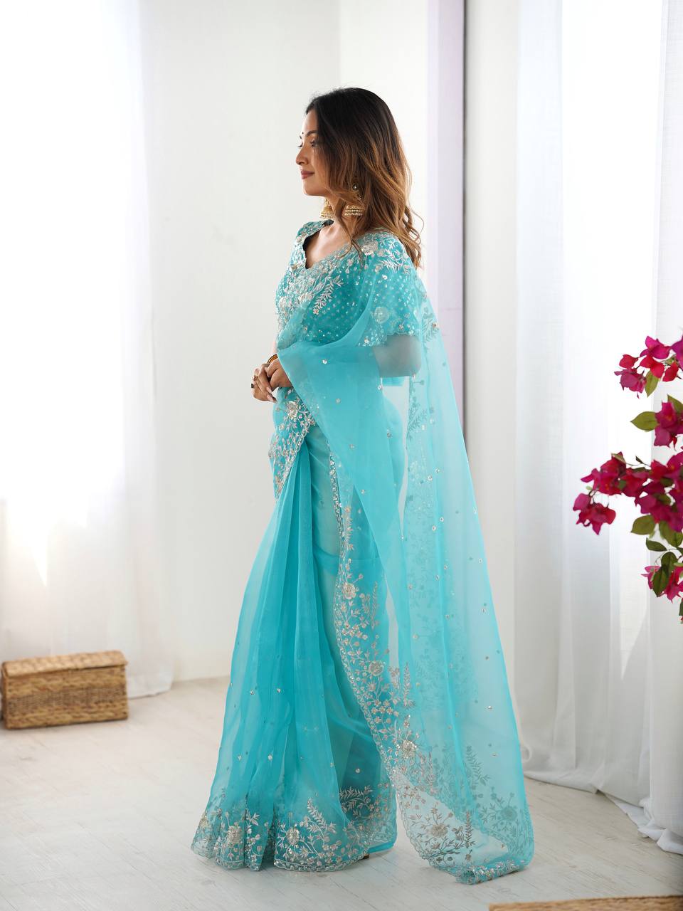 Prazu Fashion Sky Blue Thread Sequence Organza Silk Party Wear Saree - Distacart