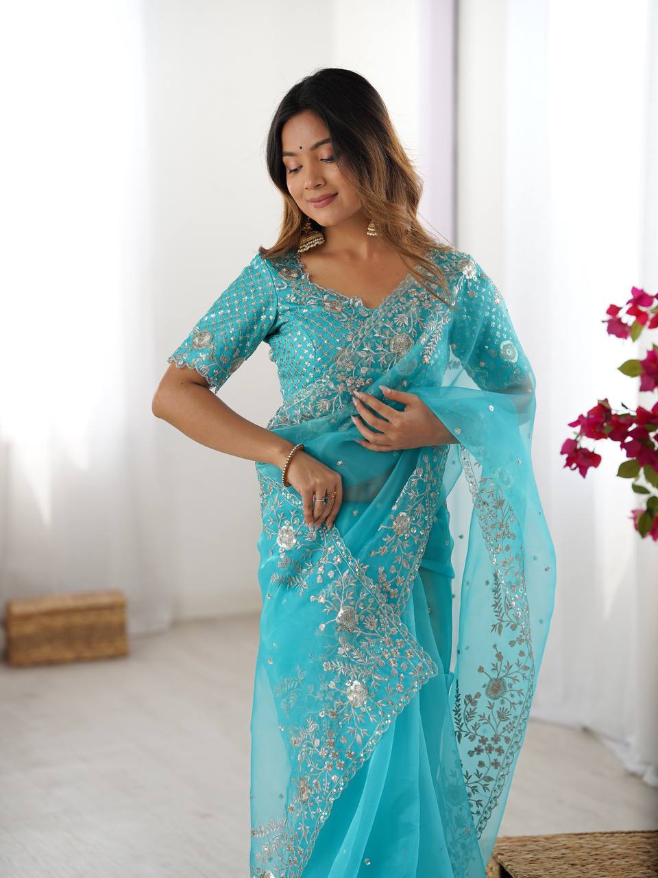 Prazu Fashion Sky Blue Thread Sequence Organza Silk Party Wear Saree - Distacart