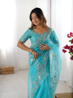 Prazu Fashion Sky Blue Thread Sequence Organza Silk Party Wear Saree - Distacart