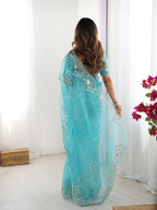 Prazu Fashion Sky Blue Thread Sequence Organza Silk Party Wear Saree - Distacart