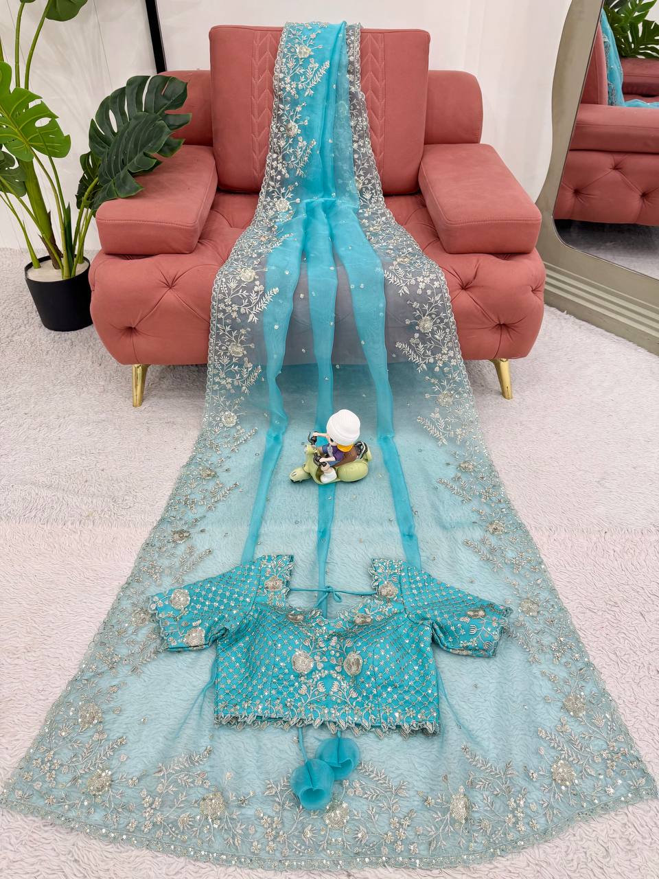 Prazu Fashion Sky Blue Thread Sequence Organza Silk Party Wear Saree - Distacart