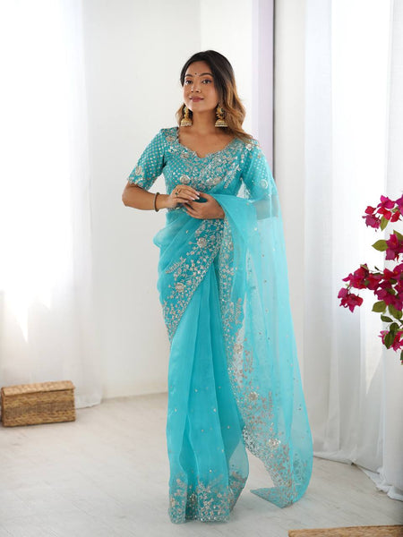Prazu Fashion Sky Blue Thread Sequence Organza Silk Party Wear Saree
