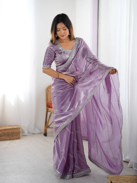 Prazu Fashion Lavender Thread Sequence Organza Silk Party Wear Saree