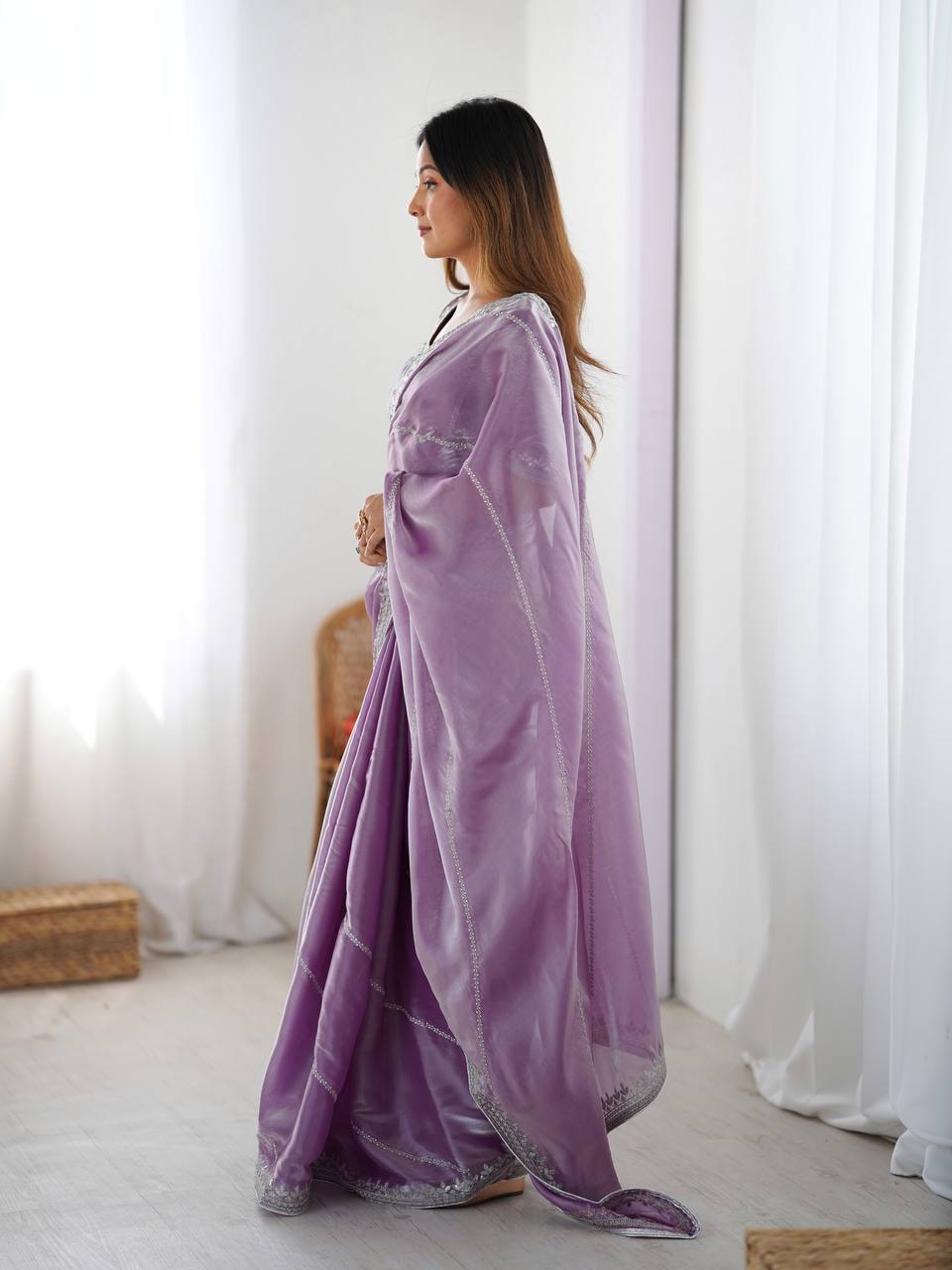 Prazu Fashion Lavender Thread Sequence Organza Silk Party Wear Saree - Distacart
