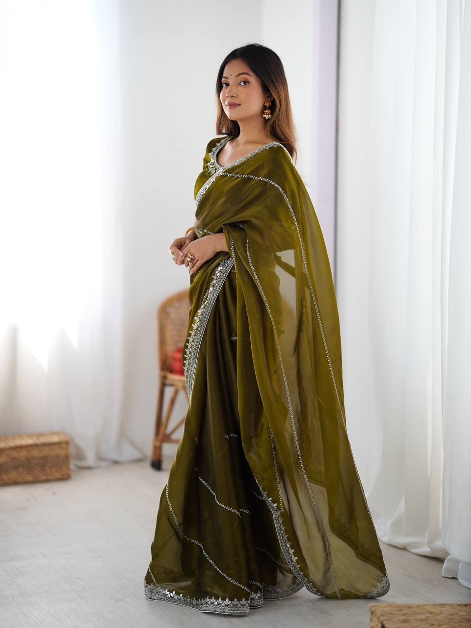 Prazu Fashion Mehndi Thread Sequins Organza Silk Party Wear Saree - Distacart