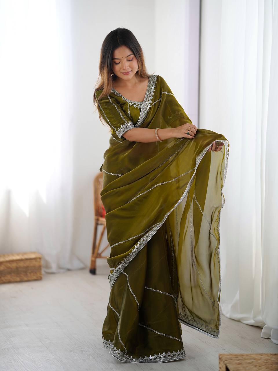 Prazu Fashion Mehndi Thread Sequins Organza Silk Party Wear Saree - Distacart