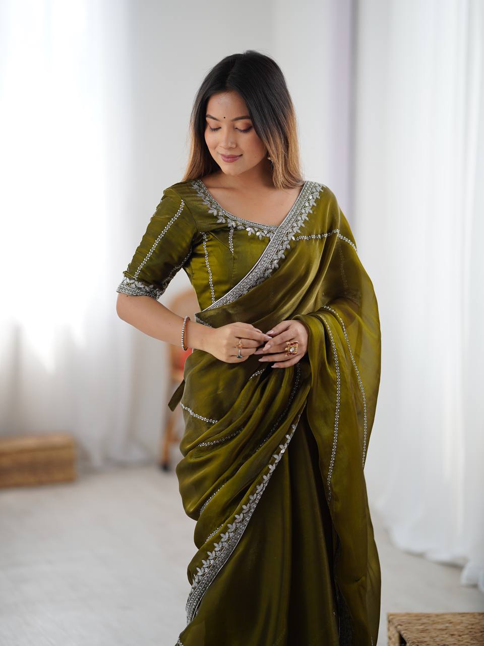 Prazu Fashion Mehndi Thread Sequins Organza Silk Party Wear Saree - Distacart