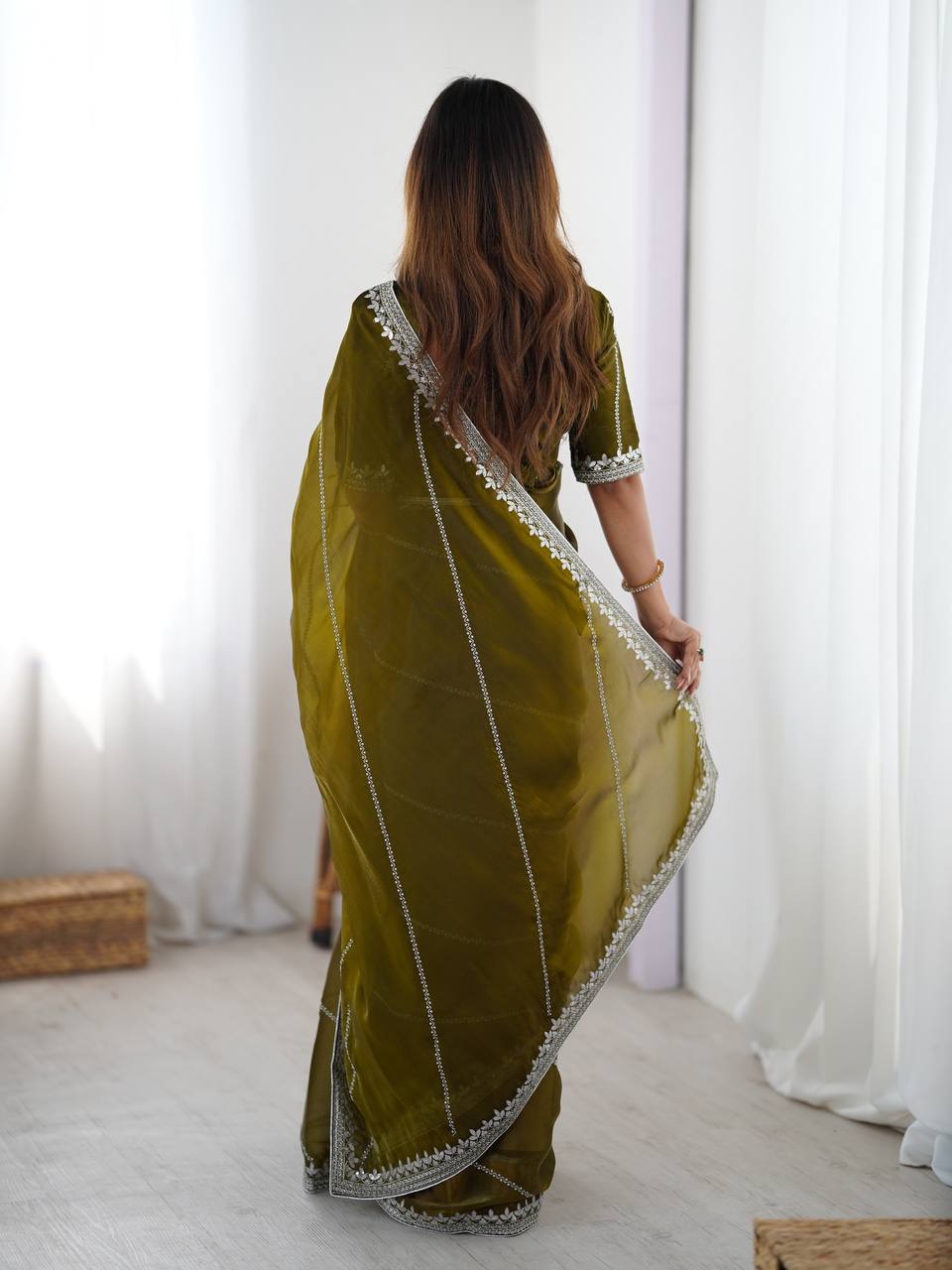 Prazu Fashion Mehndi Thread Sequins Organza Silk Party Wear Saree - Distacart