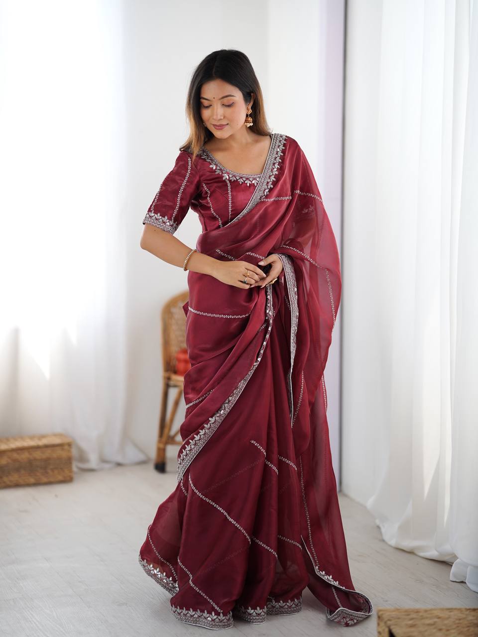 Prazu Fashion Maroon Thread Sequence Organza Silk Party Wear Saree - Distacart