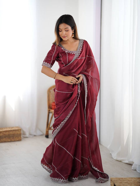Prazu Fashion Maroon Thread Sequence Organza Silk Party Wear Saree