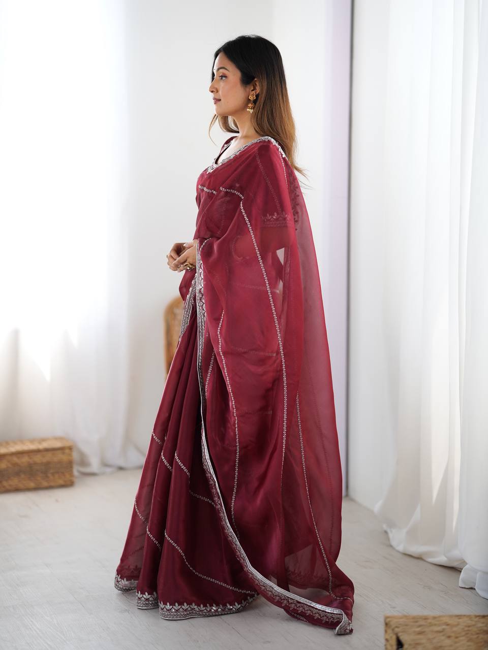 Prazu Fashion Maroon Thread Sequence Organza Silk Party Wear Saree - Distacart