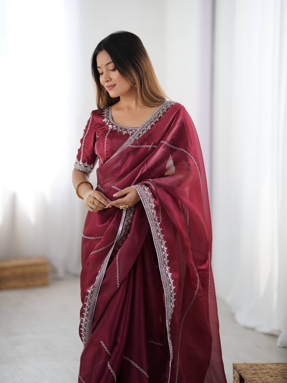 Prazu Fashion Maroon Thread Sequence Organza Silk Party Wear Saree - Distacart