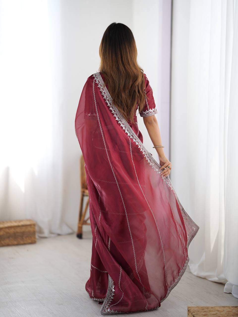 Prazu Fashion Maroon Thread Sequence Organza Silk Party Wear Saree - Distacart