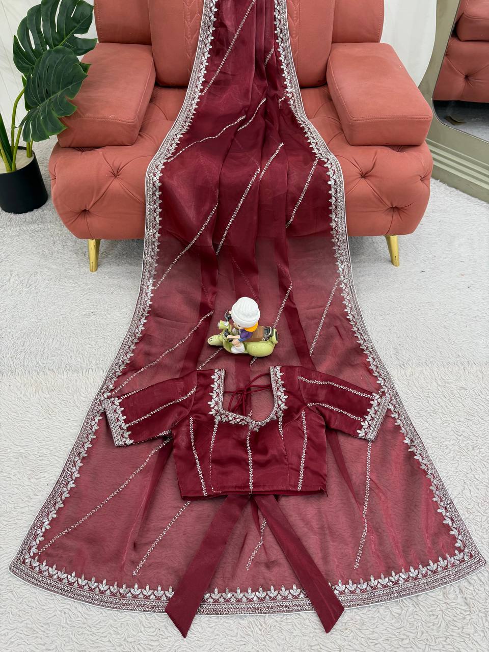 Prazu Fashion Maroon Thread Sequence Organza Silk Party Wear Saree - Distacart