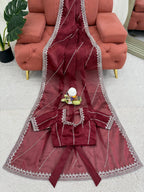 Prazu Fashion Maroon Thread Sequence Organza Silk Party Wear Saree - Distacart