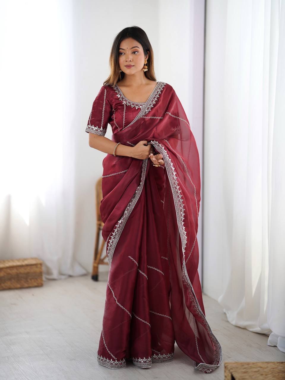Prazu Fashion Maroon Thread Sequence Organza Silk Party Wear Saree - Distacart