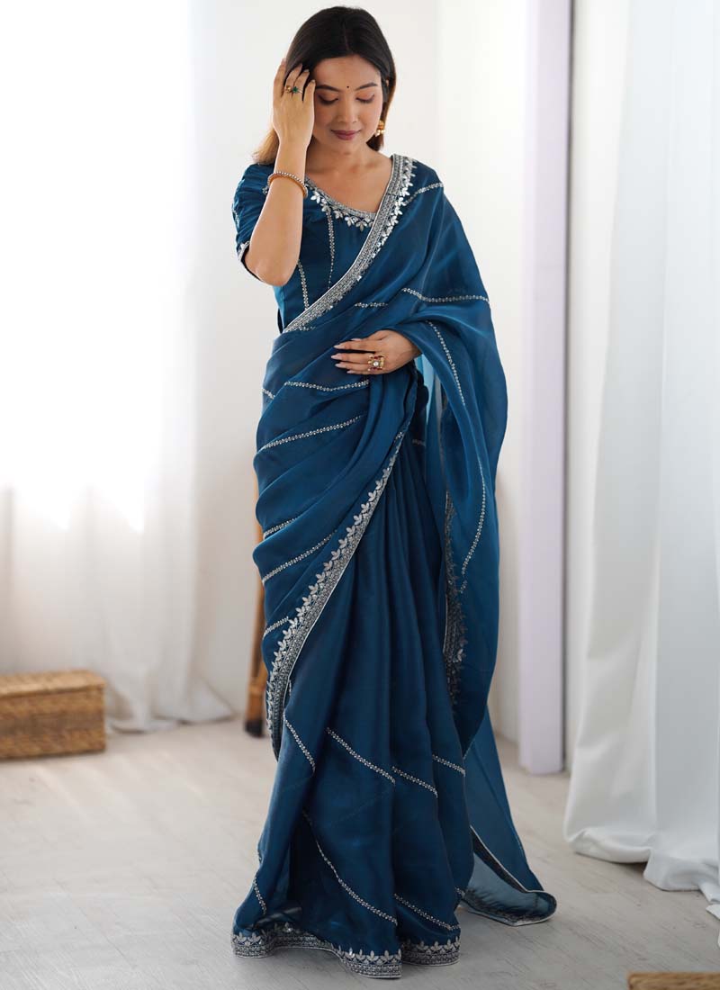 Prazu Fashion Rama Thread Sequence Organza Silk Party Wear Saree - Distacart