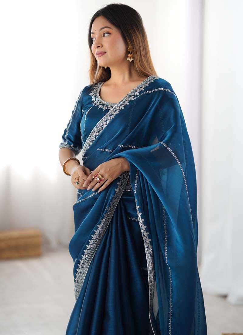 Prazu Fashion Rama Thread Sequence Organza Silk Party Wear Saree - Distacart