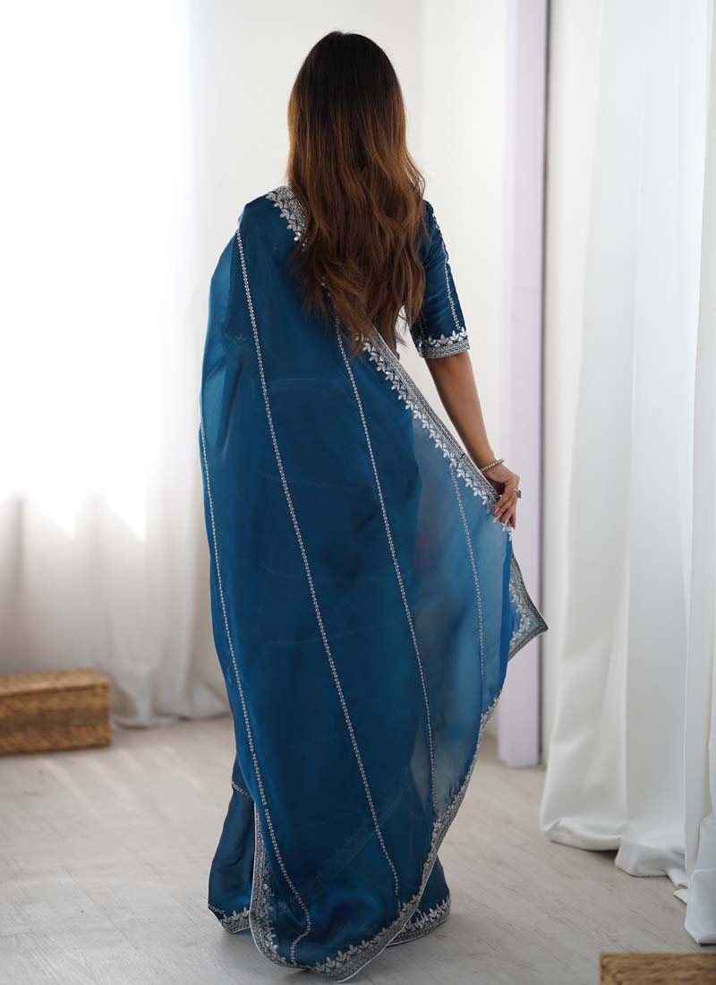 Prazu Fashion Rama Thread Sequence Organza Silk Party Wear Saree - Distacart