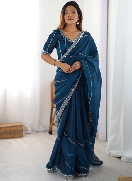 Prazu Fashion Rama Thread Sequence Organza Silk Party Wear Saree