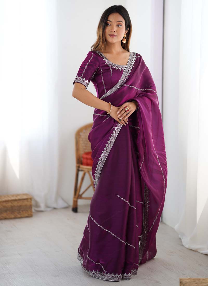 Prazu Fashion Wine Thread Sequence Organza Silk Party Wear Saree - Distacart