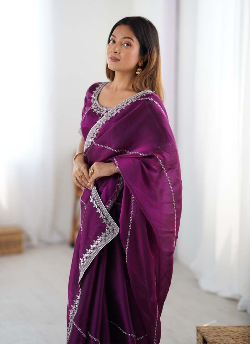 Prazu Fashion Wine Thread Sequence Organza Silk Party Wear Saree - Distacart
