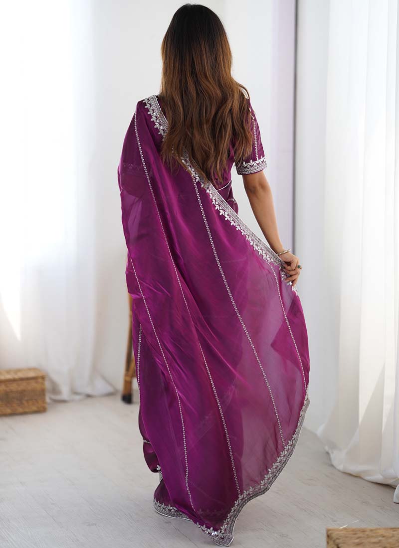 Prazu Fashion Wine Thread Sequence Organza Silk Party Wear Saree - Distacart