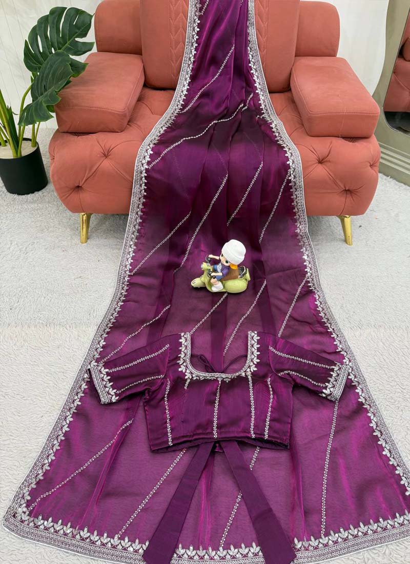 Prazu Fashion Wine Thread Sequence Organza Silk Party Wear Saree - Distacart