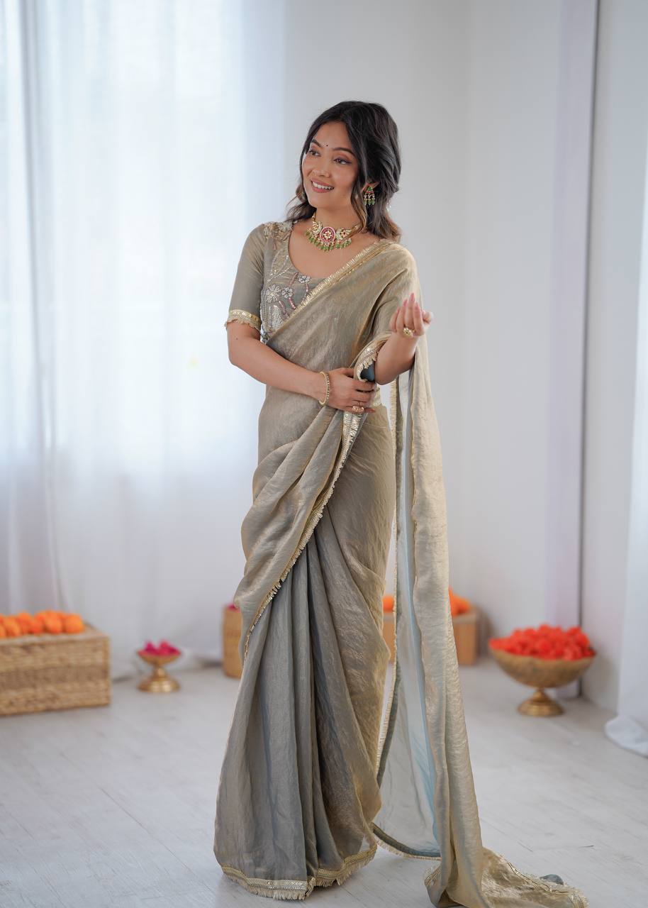 Prazu Fashion Light Grey Golden Shaded Fendi Silk Ready To Wear Saree - Distacart