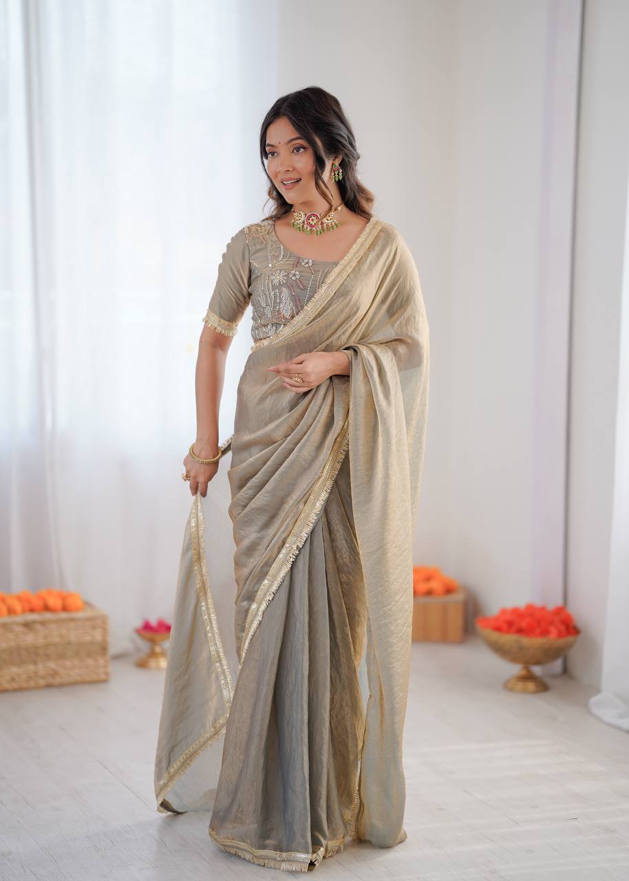Prazu Fashion Light Grey Golden Shaded Fendi Silk Ready To Wear Saree - Distacart