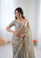 Prazu Fashion Light Grey Golden Shaded Fendi Silk Ready To Wear Saree - Distacart