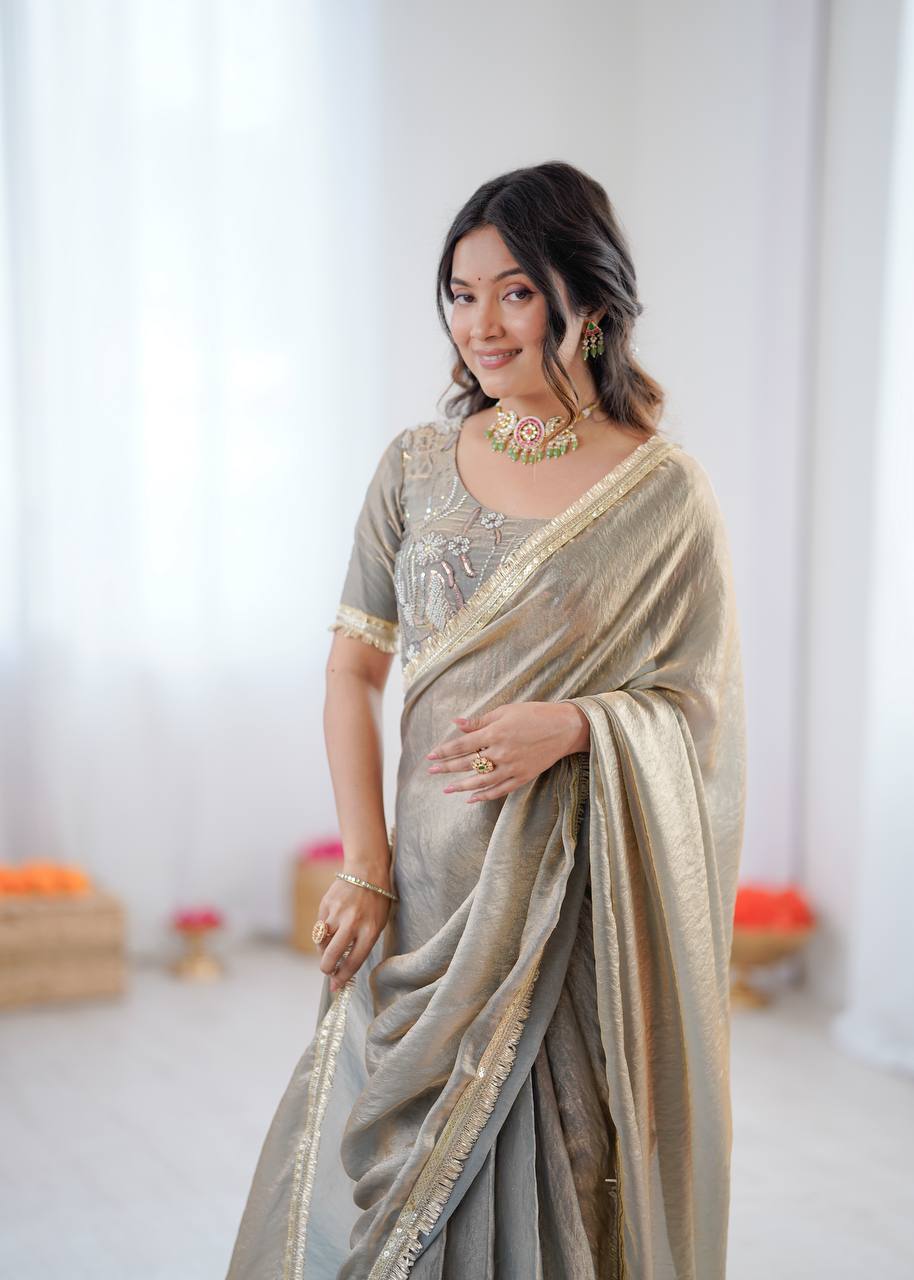 Prazu Fashion Light Grey Golden Shaded Fendi Silk Ready To Wear Saree - Distacart