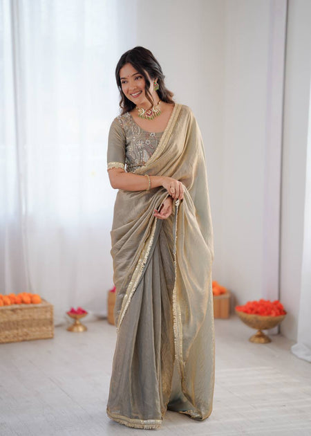 Prazu Fashion Light Grey Golden Shaded Fendi Silk Ready To Wear Saree