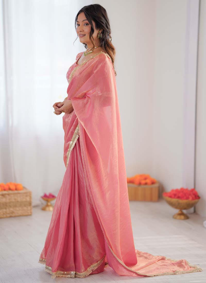 Prazu Fashion Peach Golden Shaded Fendi Silk Ready To Wear Saree - Distacart