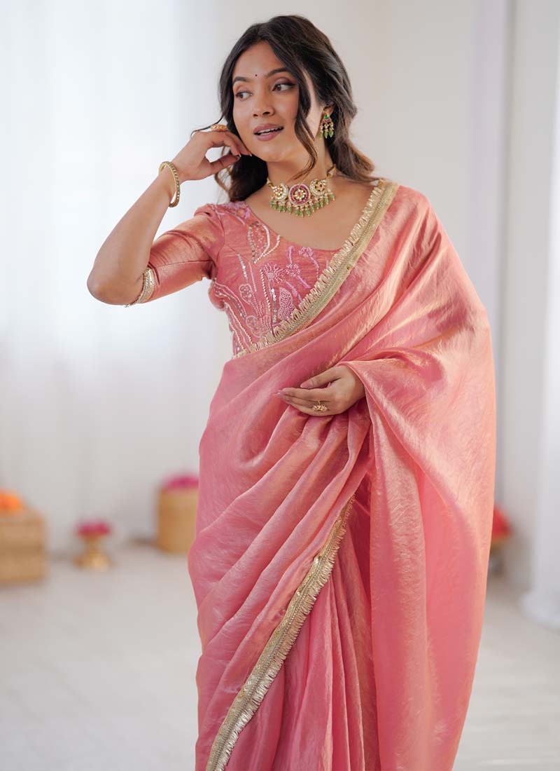Prazu Fashion Peach Golden Shaded Fendi Silk Ready To Wear Saree - Distacart