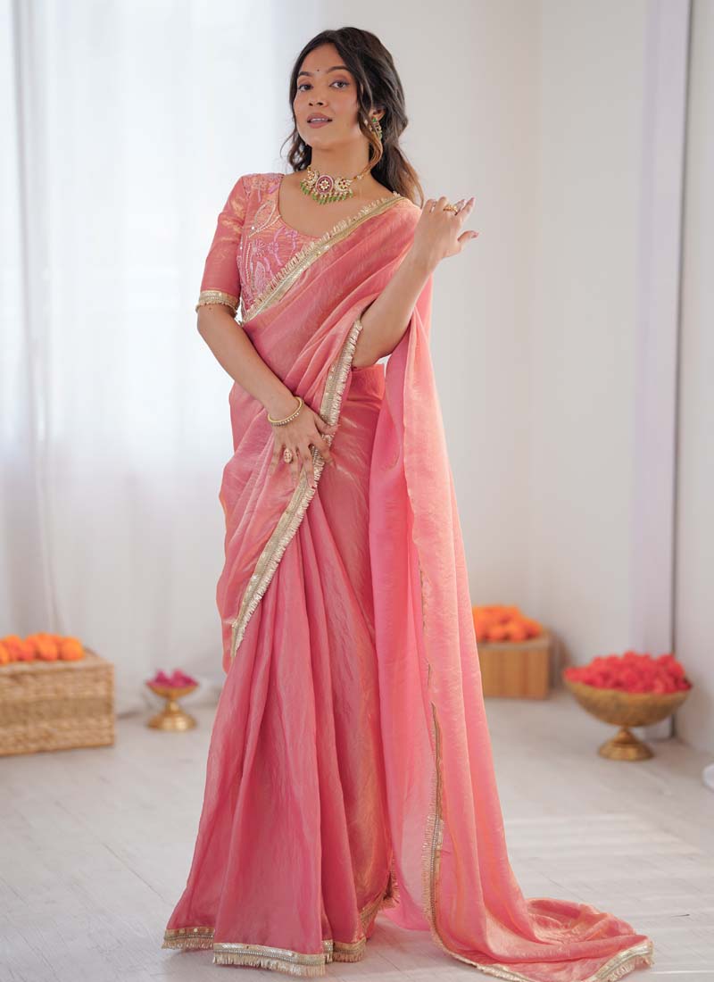 Prazu Fashion Peach Golden Shaded Fendi Silk Ready To Wear Saree - Distacart