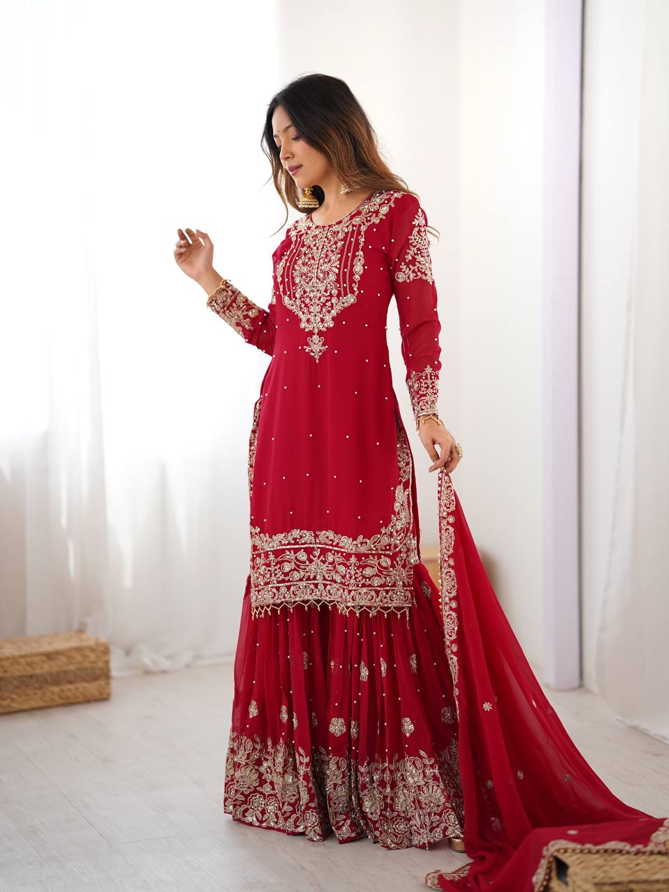 Prazu Fashion Red Faux Georgette Embroidered Thread Work Sharara Suit - Distacart