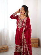 Prazu Fashion Red Faux Georgette Embroidered Thread Work Sharara Suit - Distacart