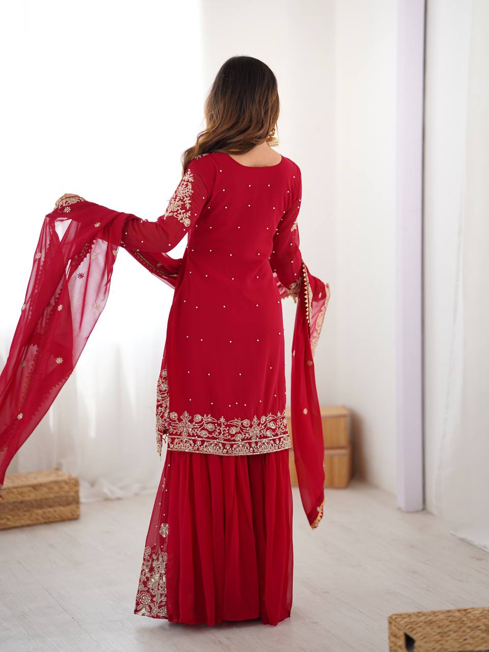 Prazu Fashion Red Faux Georgette Embroidered Thread Work Sharara Suit - Distacart