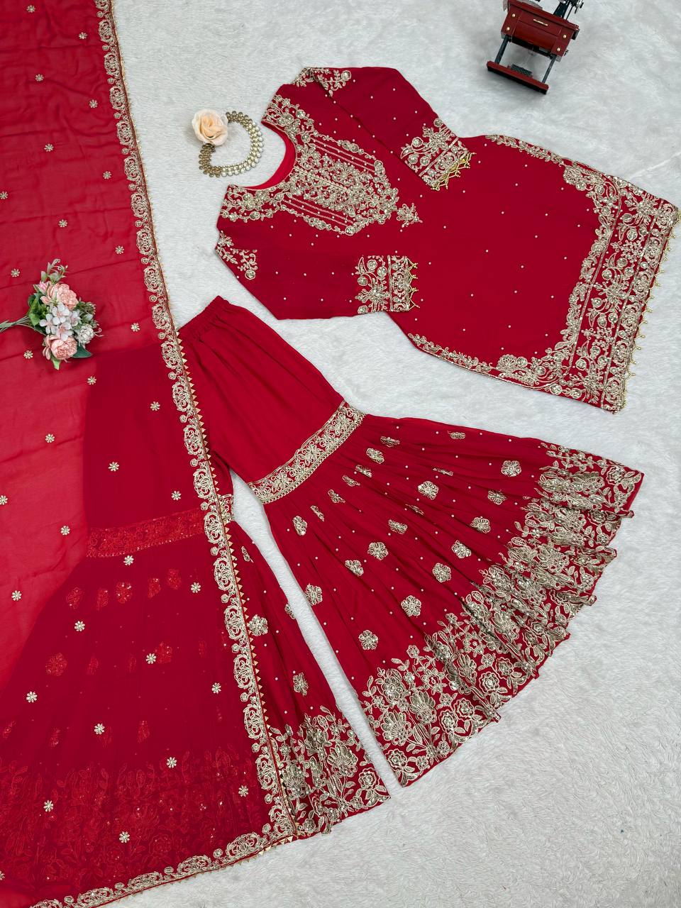 Prazu Fashion Red Faux Georgette Embroidered Thread Work Sharara Suit - Distacart