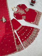 Prazu Fashion Red Faux Georgette Embroidered Thread Work Sharara Suit - Distacart