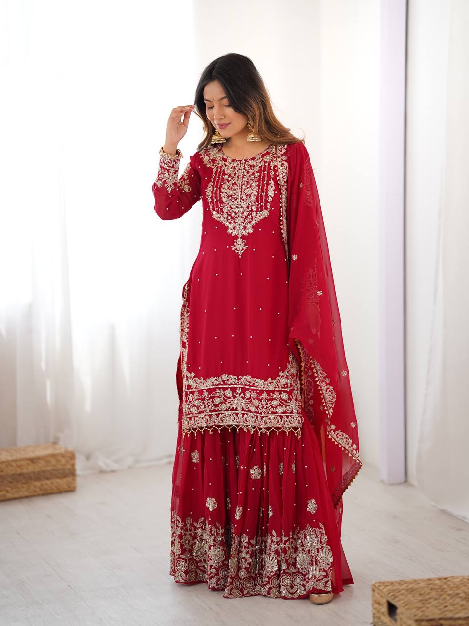 Prazu Fashion Red Faux Georgette Embroidered Thread Work Sharara Suit - Distacart
