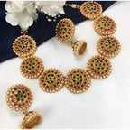 Jewel City Antique Gold Floral Round Disc Necklace Set - Kemp Stone Traditional Choker with Earrings - Handcrafted Temple Jewelry