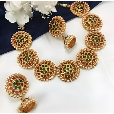 Jewel City Antique Gold Floral Round Disc Necklace Set - Kemp Stone Traditional Choker with Earrings - Handcrafted Temple Jewelry
