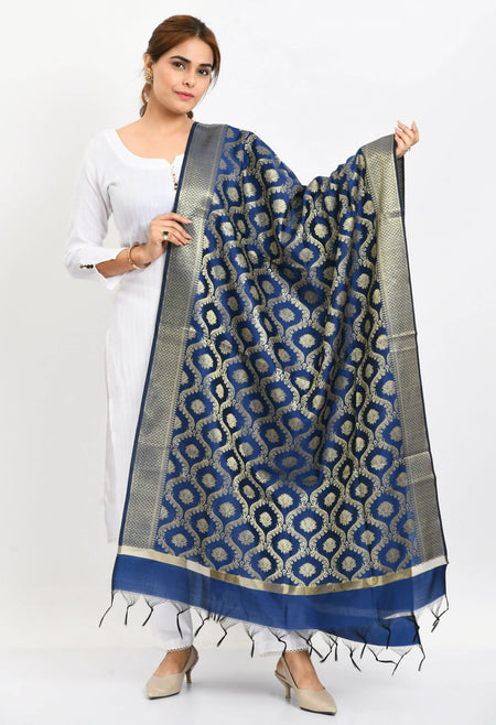 Mominos Fashion Moeza Women's Banarsi Silk All Over Woven Design Navy Blue Dupatta