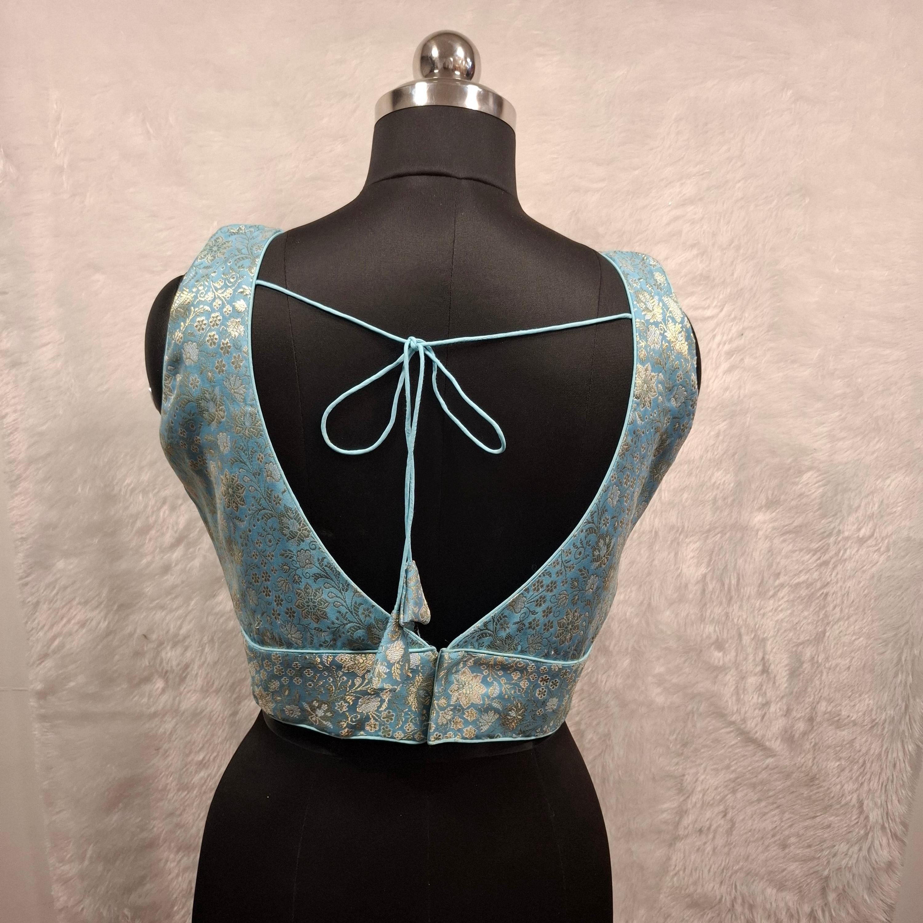 Kia Fashions Blue Banarasi With Gold & Silver Weave Readymade Blouse - Distacart