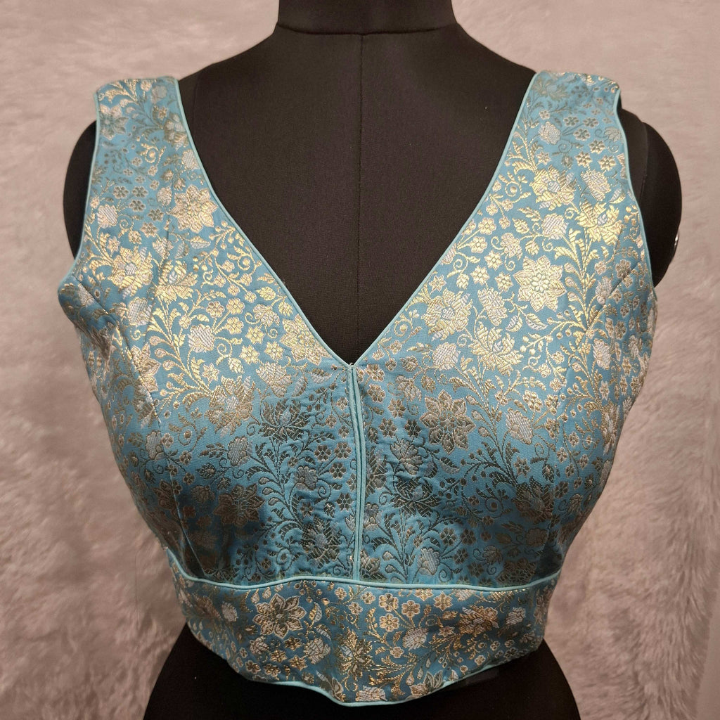 Kia Fashions Blue Banarasi With Gold & Silver Weave Readymade Blouse - Distacart