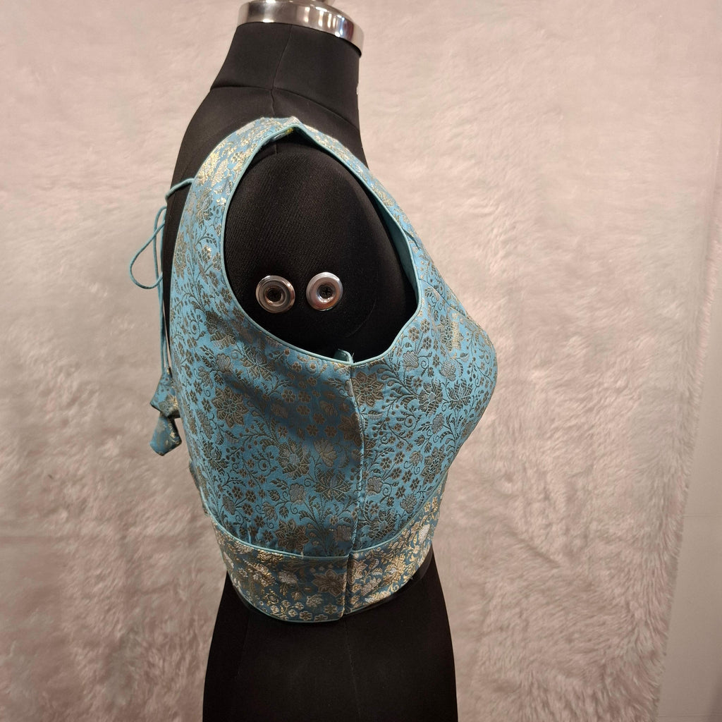Kia Fashions Blue Banarasi With Gold & Silver Weave Readymade Blouse - Distacart