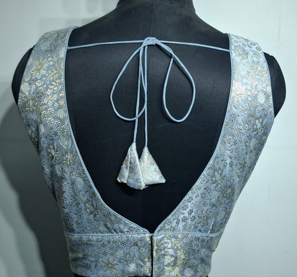 Kia Fashions Grey Banarasi With Gold & Silver Weave Readymade Blouse - Distacart